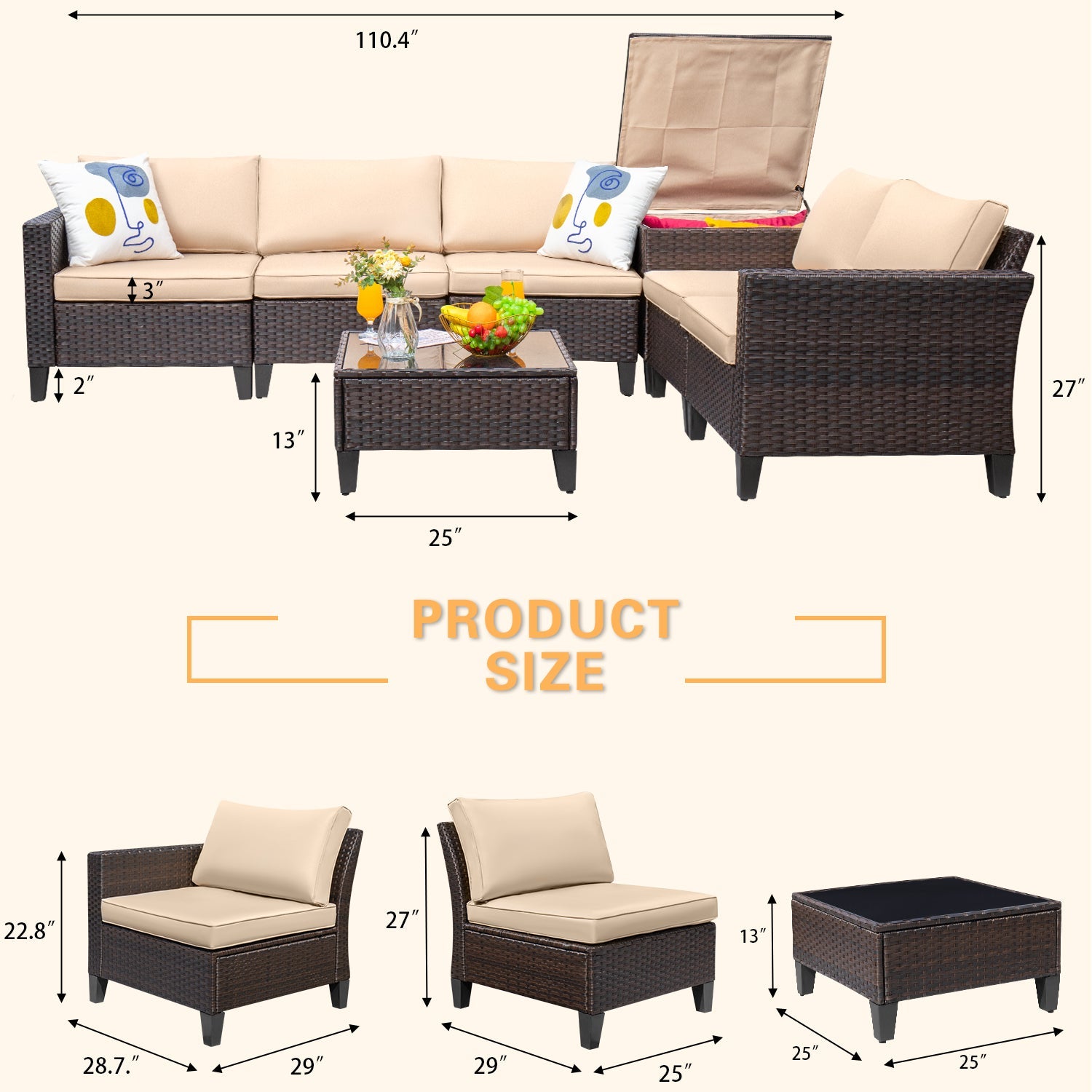 Homall 7 Pieces Patio Rattan Sectional Set Outdoor Conversation Set with Table & Storage Box, Beige