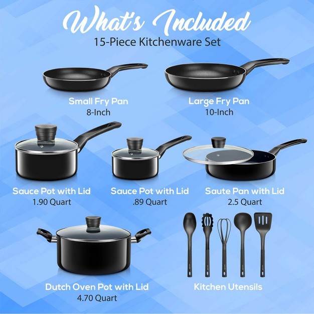 Serenelife 15 Piece Essential Home Heat Resistant Non Stick Kitchenware Cookware Set W Fry Pans Sauce Pots Dutch Oven Pot And Kitchen Tools Black