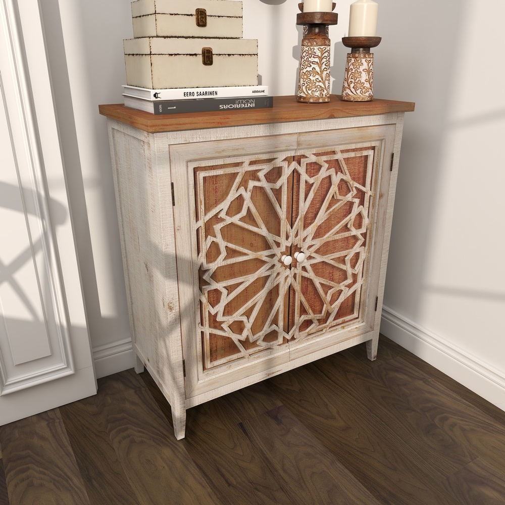 Brown Wood Farmhouse Cabinet with Carved Relief Overlay   14\