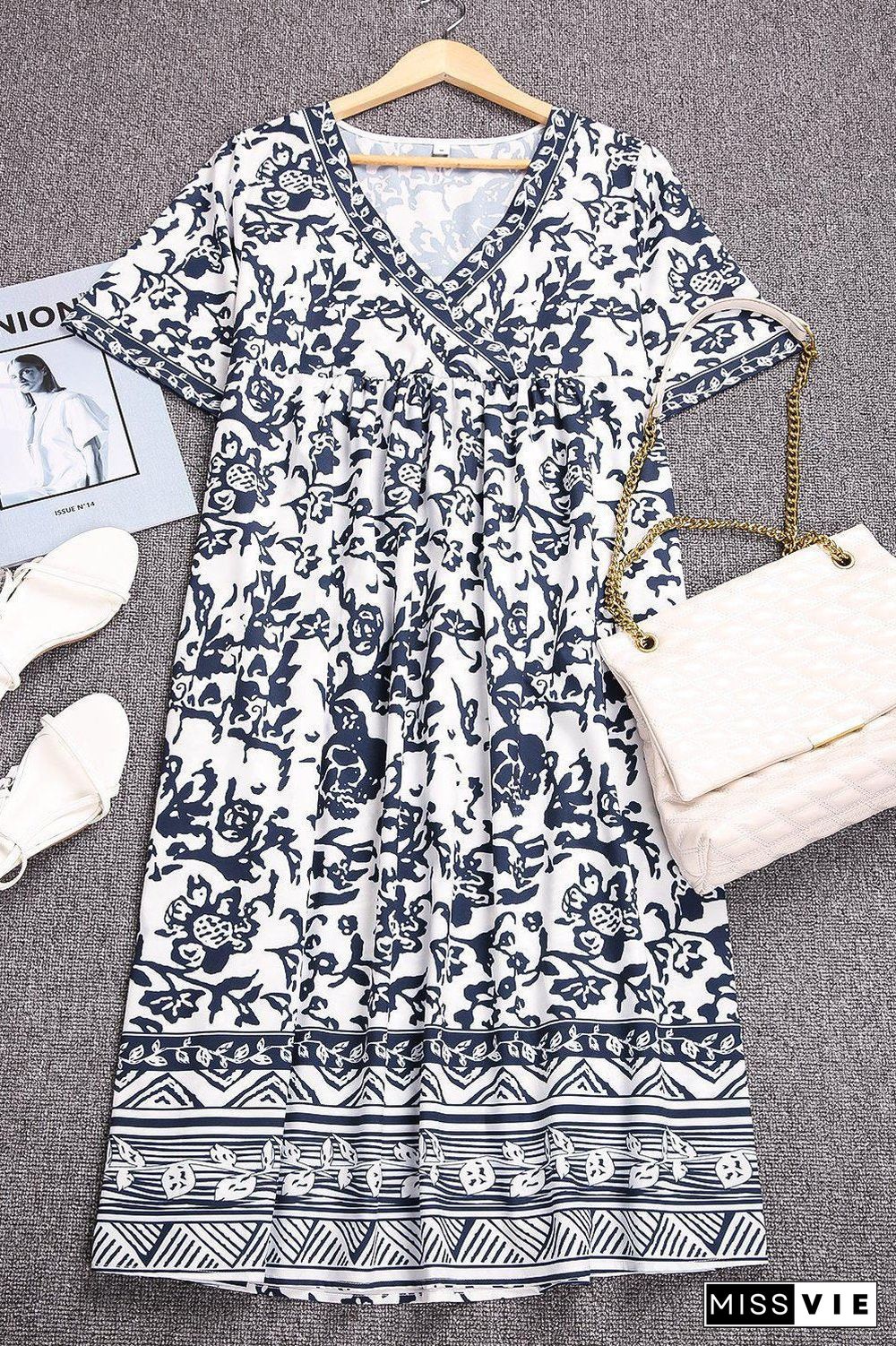 Vintage Printed Midi V-Neck Dress