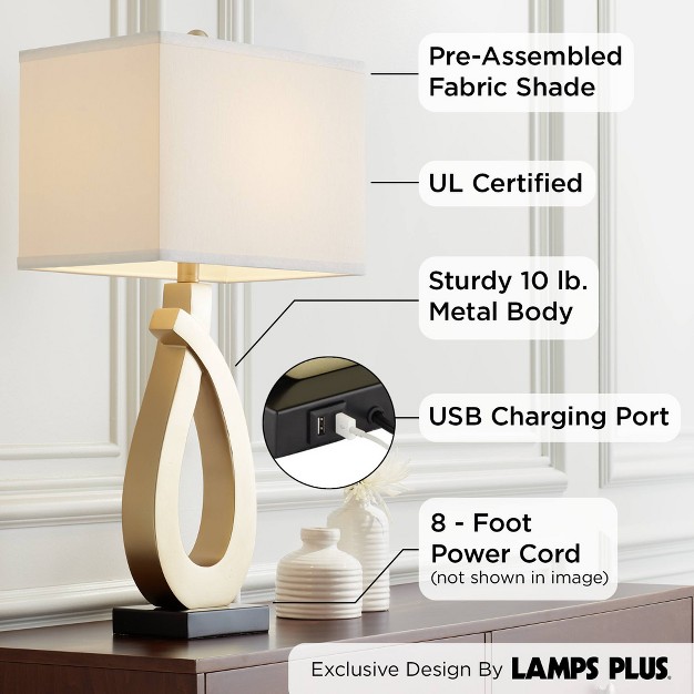 Tall Set Of 2 Sculptural Gold Metal Usb Charging Port White Rectangular Shade Bedroom Living Room