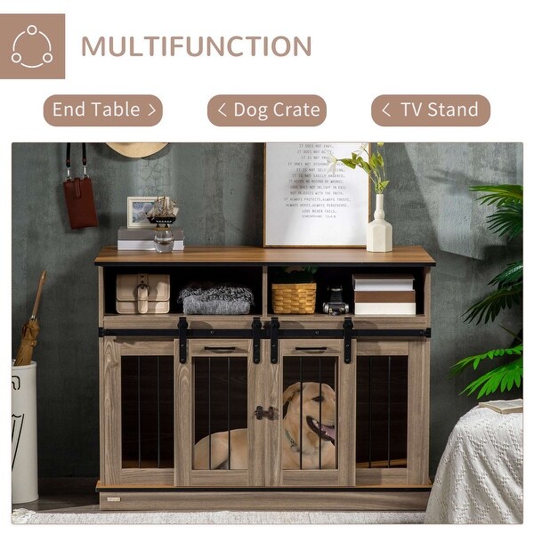 PawHut Size-Changing Dog Crate End Table with Removable Panel and Two Rooms， Shelves and Sliding Doors， Fancy Puppy Furniture