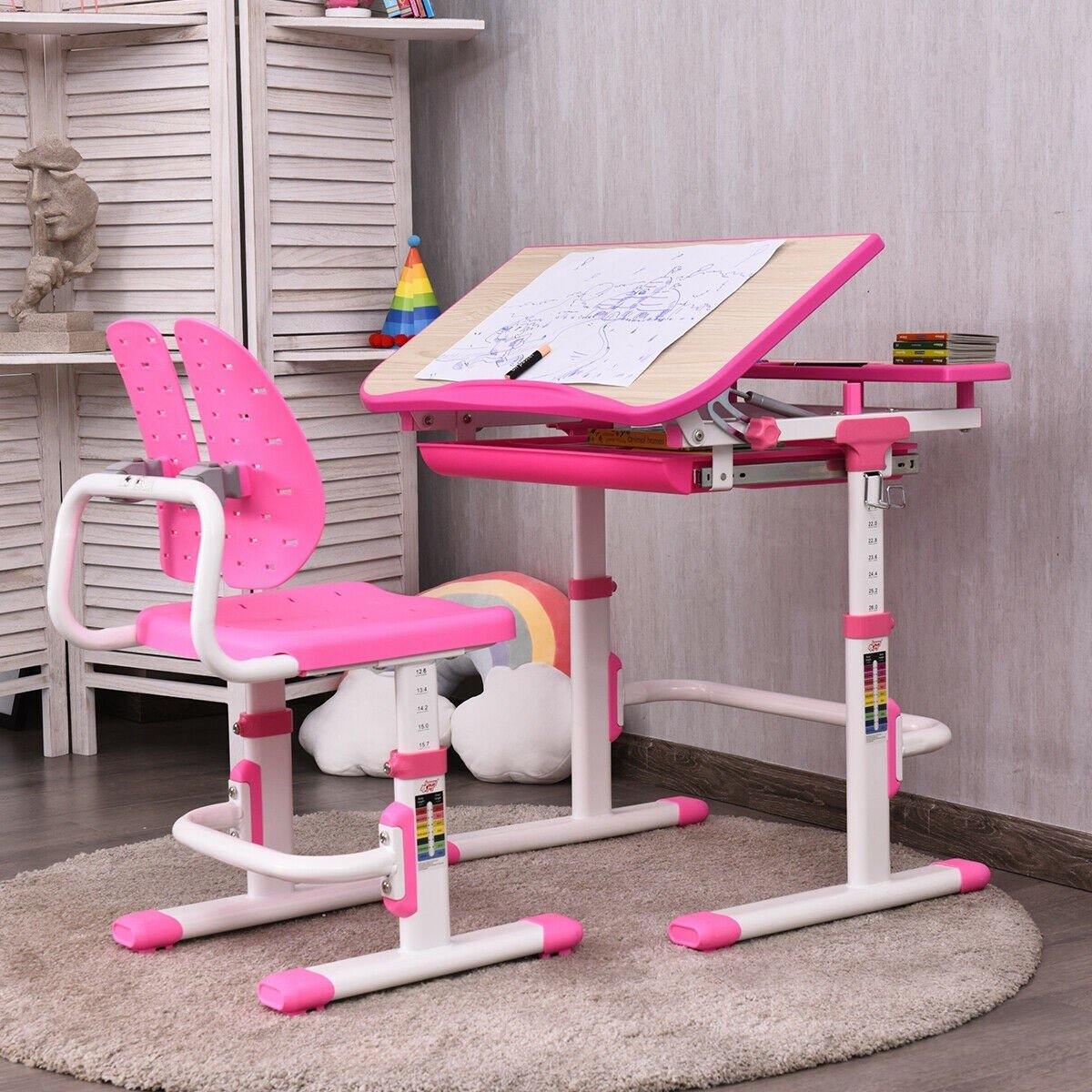 Kids Desk and Chair Set, Height Adjustable, Children Study Table with Tilted Desktop