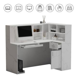 FUFUGAGA 55.9 in. L Shaped Marble Wood Reception Desk Computer Desk with Shelves and Cabinet Writing Table Workstation WFKF210088-03