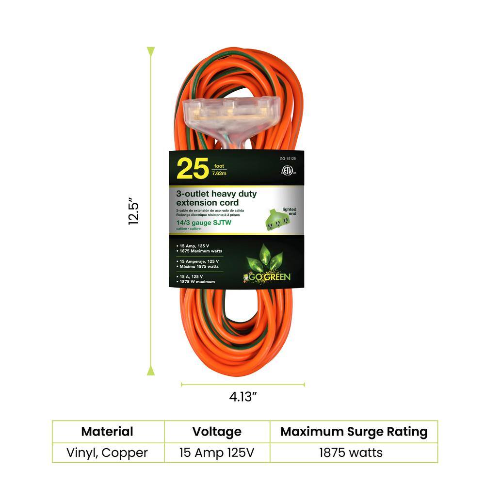 GoGreen Power 25 ft. 3-Outlet 143 Heavy Duty Extension Cord - Orange GG-15125