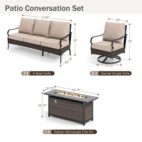 MAISON ARTS 4/6Piece HeavyDuty Oversized Metal Conversation Set with Fire Pit Table，3Seat Sofa，Swivel Chairs，Ottoman(s)