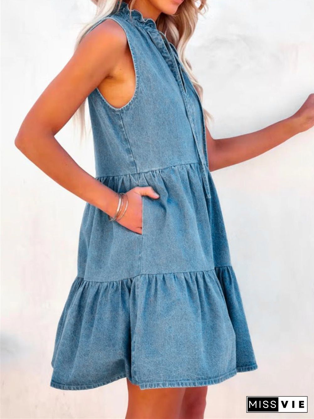 Women'S Dresses Loose Belted Short Sleeve Denim Dress