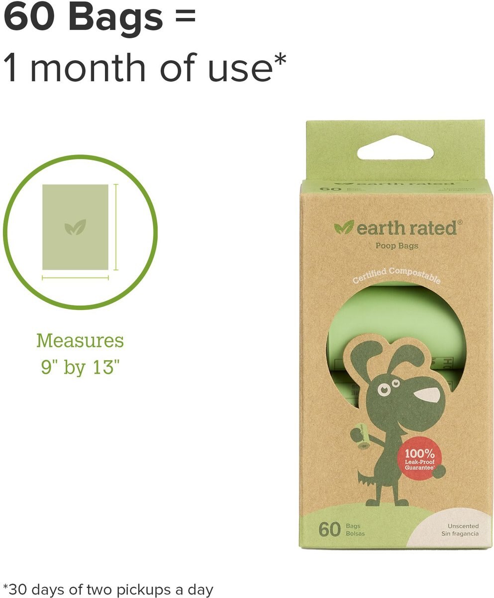 Earth Rated Compostable Dog Poop Bags， Unscented， 60 Count