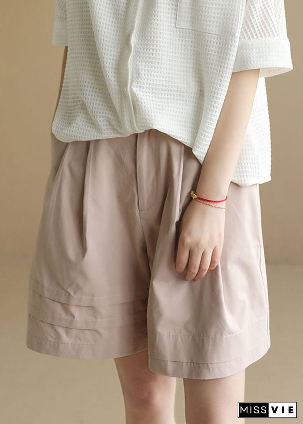 Boutique Light Pink Elastic Waist Wrinkled Pockets Cotton Shorts Summer