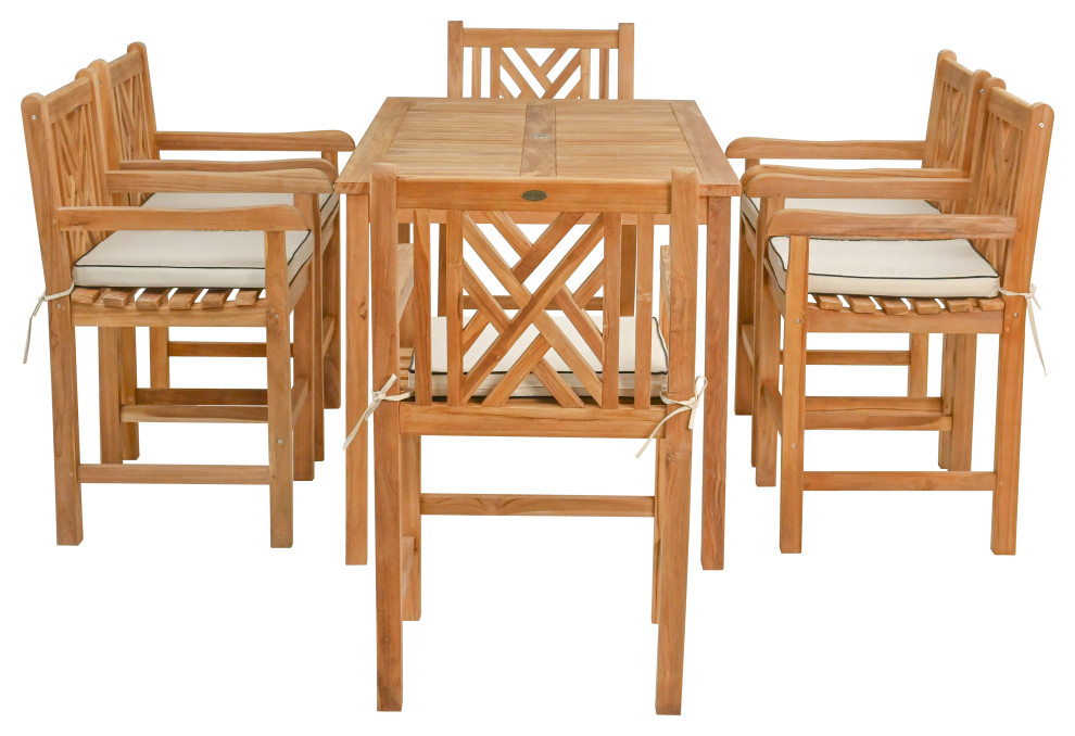 7 Piece Teak Chippendale 63 quotRect Counter Set  6 Counter Stools  Arms   Transitional   Outdoor Pub And Bistro Sets   by Chic Teak  Houzz