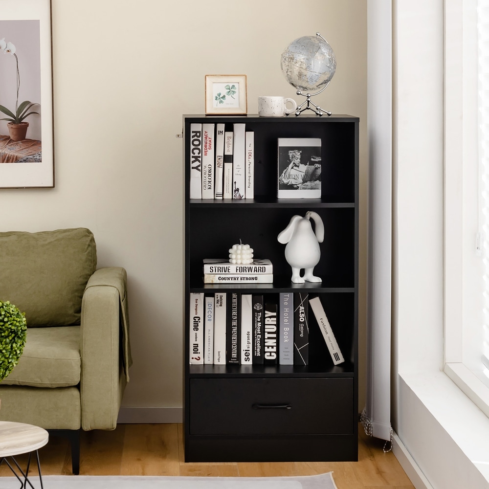 Costway 48'' Tall 4 tier Storage Shelf Wood Bookcase w/Drawer Home   24'' x 15'' x 48'' (L x W x H)