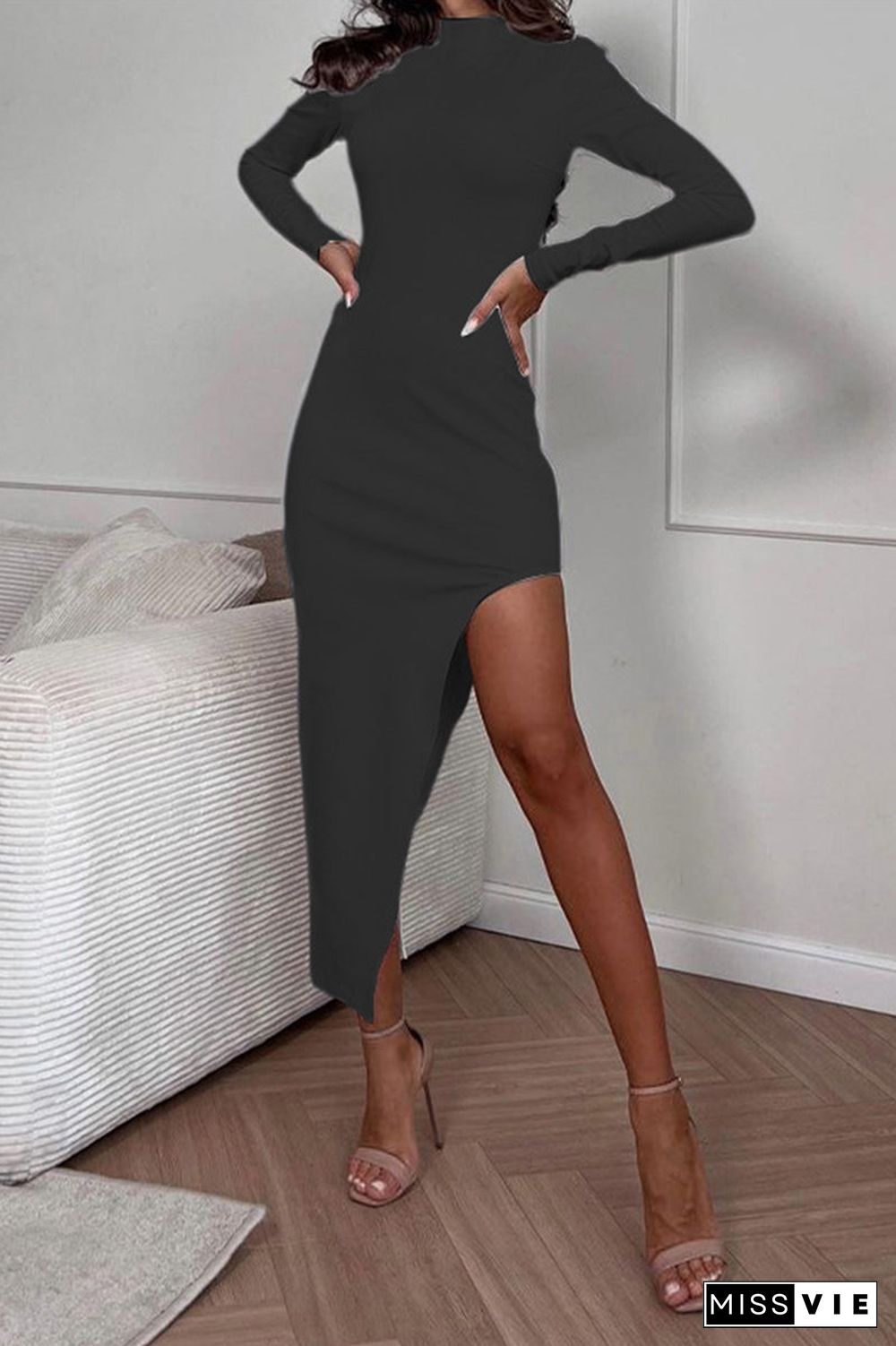 Sexy Solid Slit Half A Turtleneck Wrapped Skirt Dresses