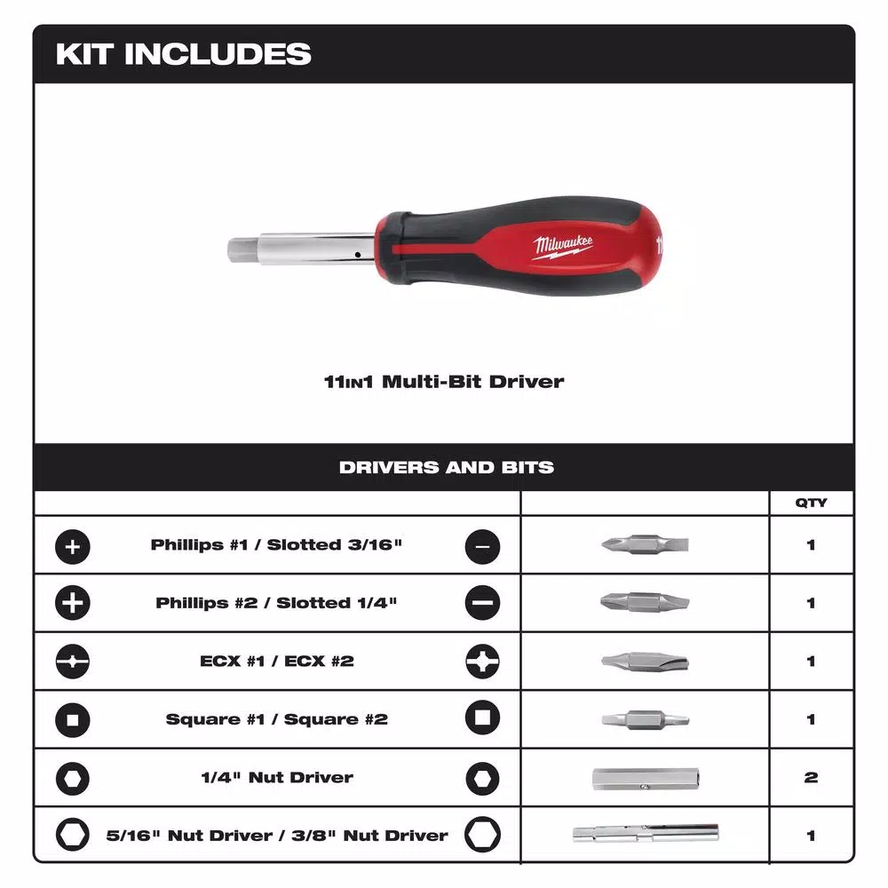 Milwaukee 11-in-1 Multi-Tip Screwdriver with ECX Driver Bits and#8211; XDC Depot