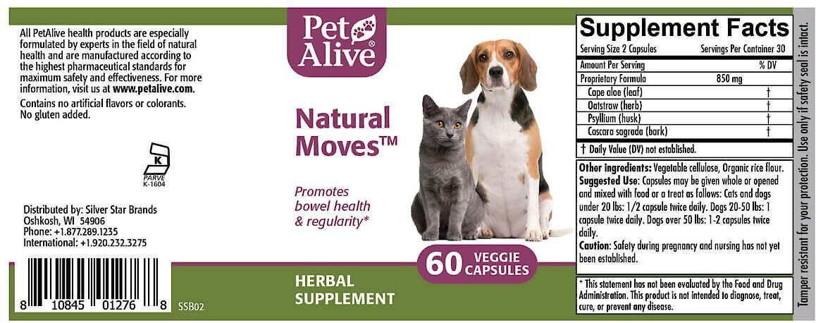 PetAlive Natural Moves Bowel Health Dog and Cat Supplement， 60 count