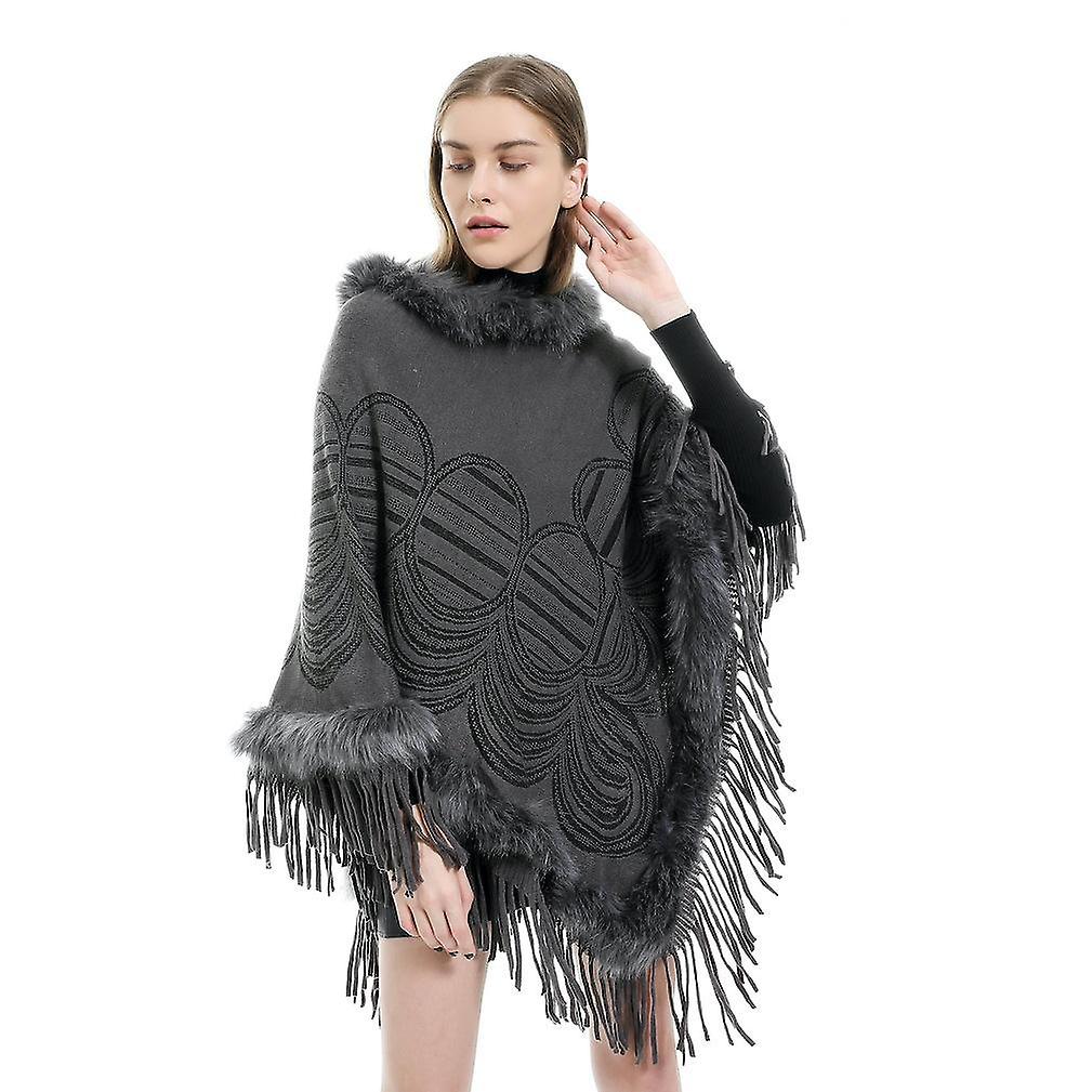 Winter Cape With Faux Fur Collar Pullover Poncho Thciken Cardigant With Tassel For Lady