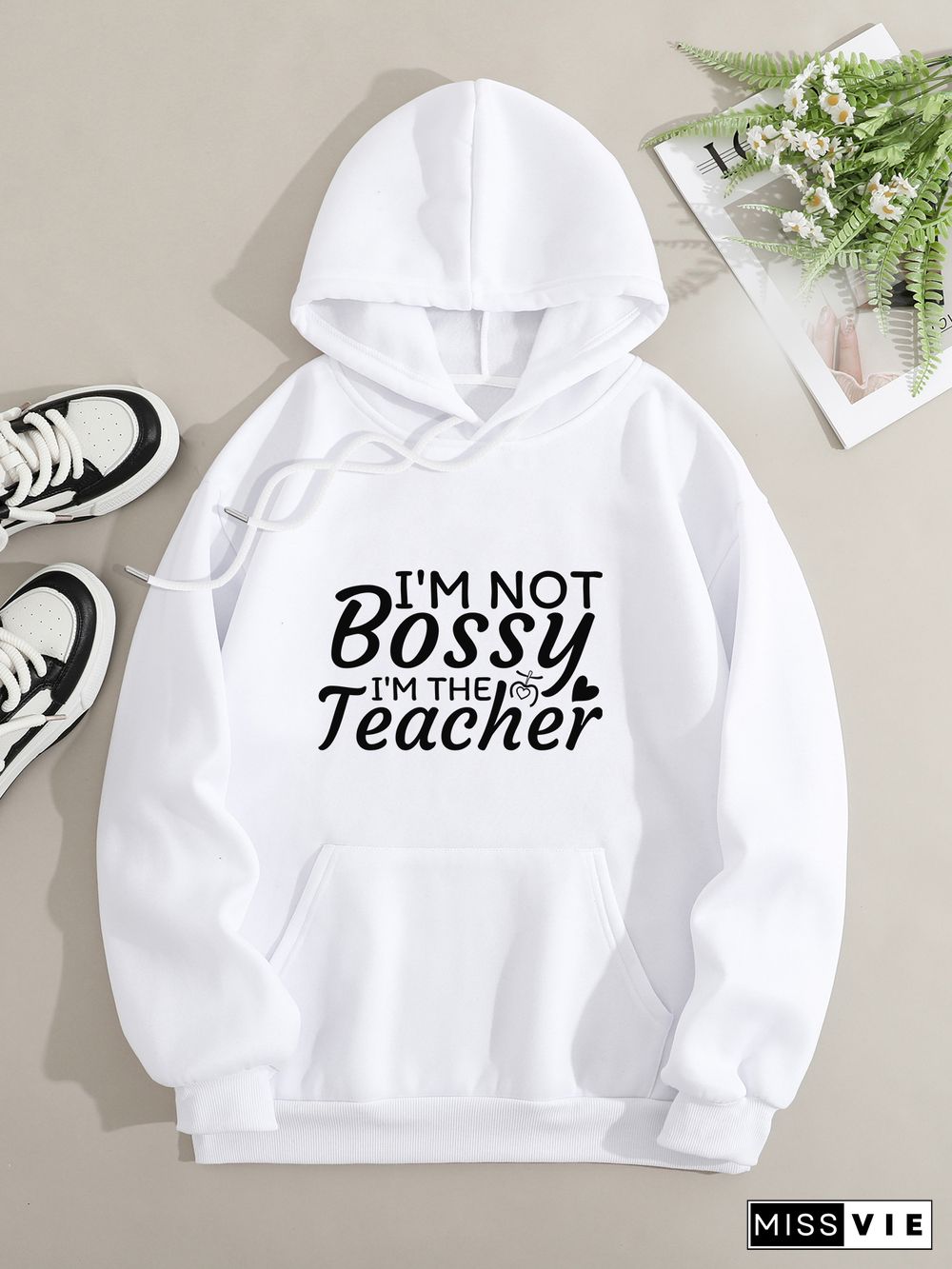 Printed on front Kangaroo Pocket Hoodie Long Sleeve for Women Pattern I'm not a bossy teacher