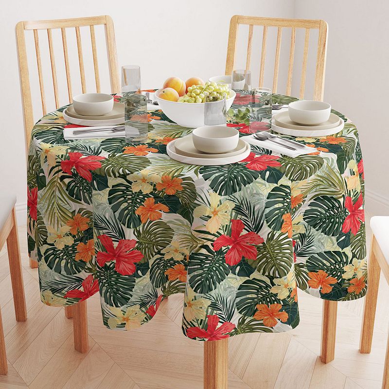 Round Tablecloth， 100% Polyester， 90 Round， Hibiscus Garden