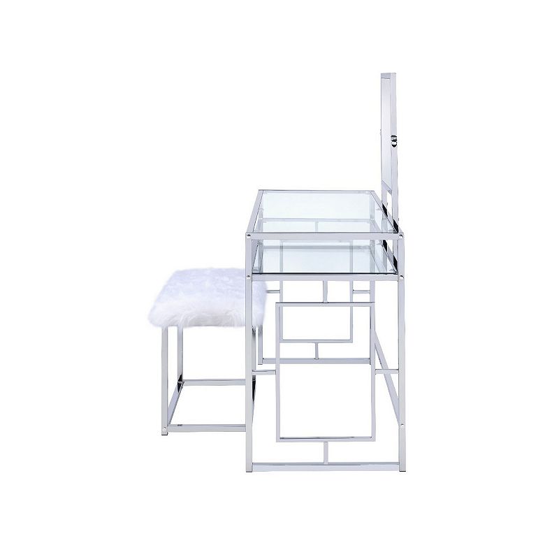 Glass and Metal Vanity Set With Faux Fur Stool， White and Silver