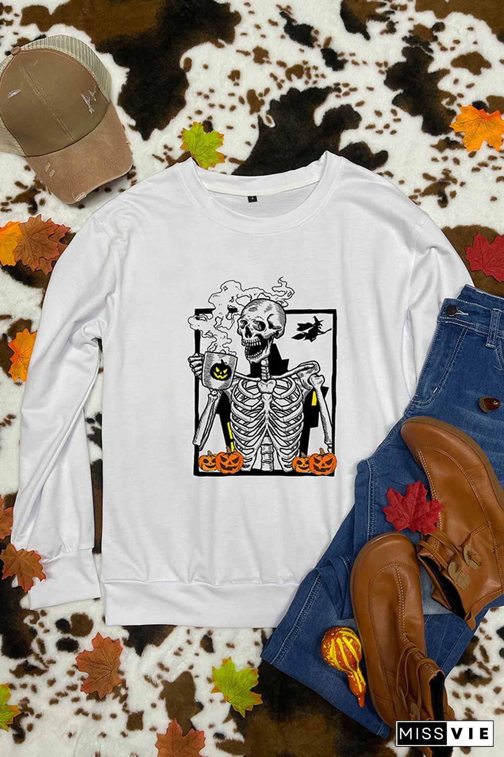 Skeleton and Pumpkin Halloween Crewneck Sweatshirt Wholesale