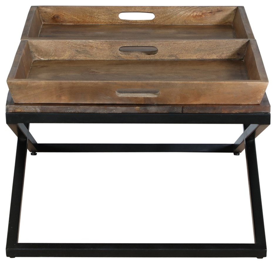 38 Inch Mango Wood Farmhouse Coffee Table  2 Trays  X Iron Base  Brown  ampBlack   Industrial   Coffee Tables   by Homesquare  Houzz