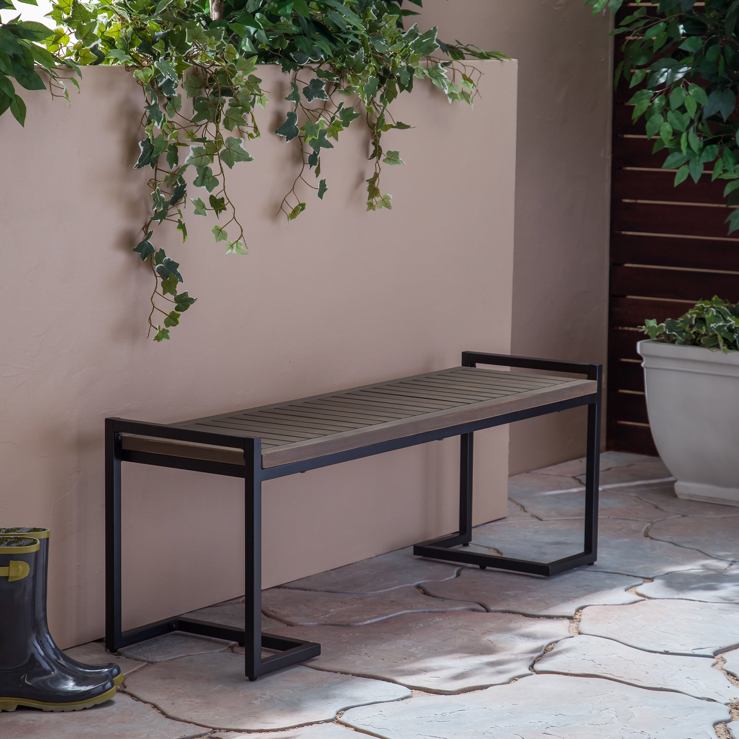 Noel Outdoor Industrial Acacia Wood and Iron Bench