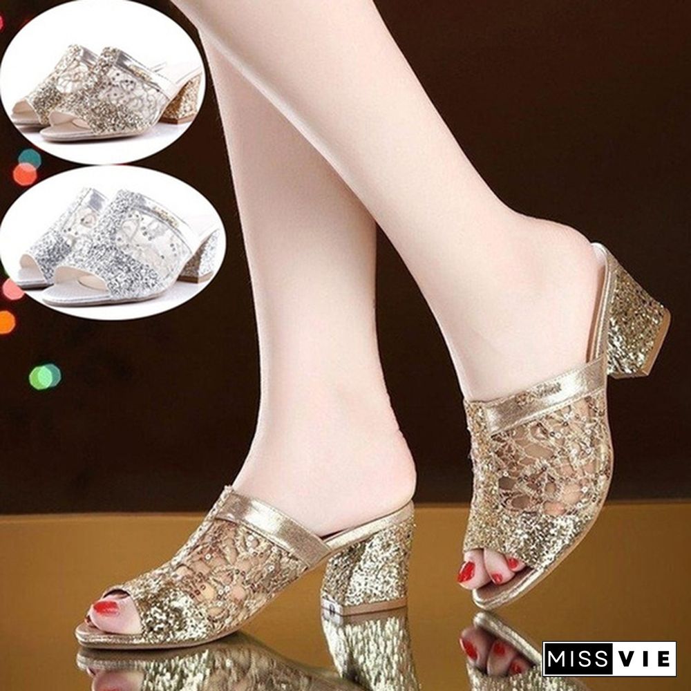 Women Fashion Open Toe Slippers Bling Bling Glitter Mesh PU Leather Summer Shoes Woman Square Heel Pumps Sandals Zapatos Mujer Sapatos Femininos