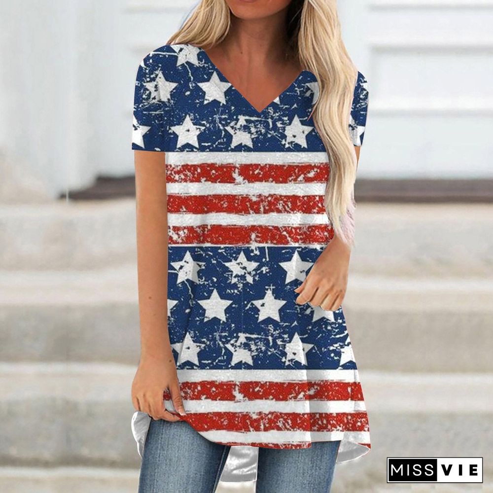 V Neck Flag Printed T-Shirt