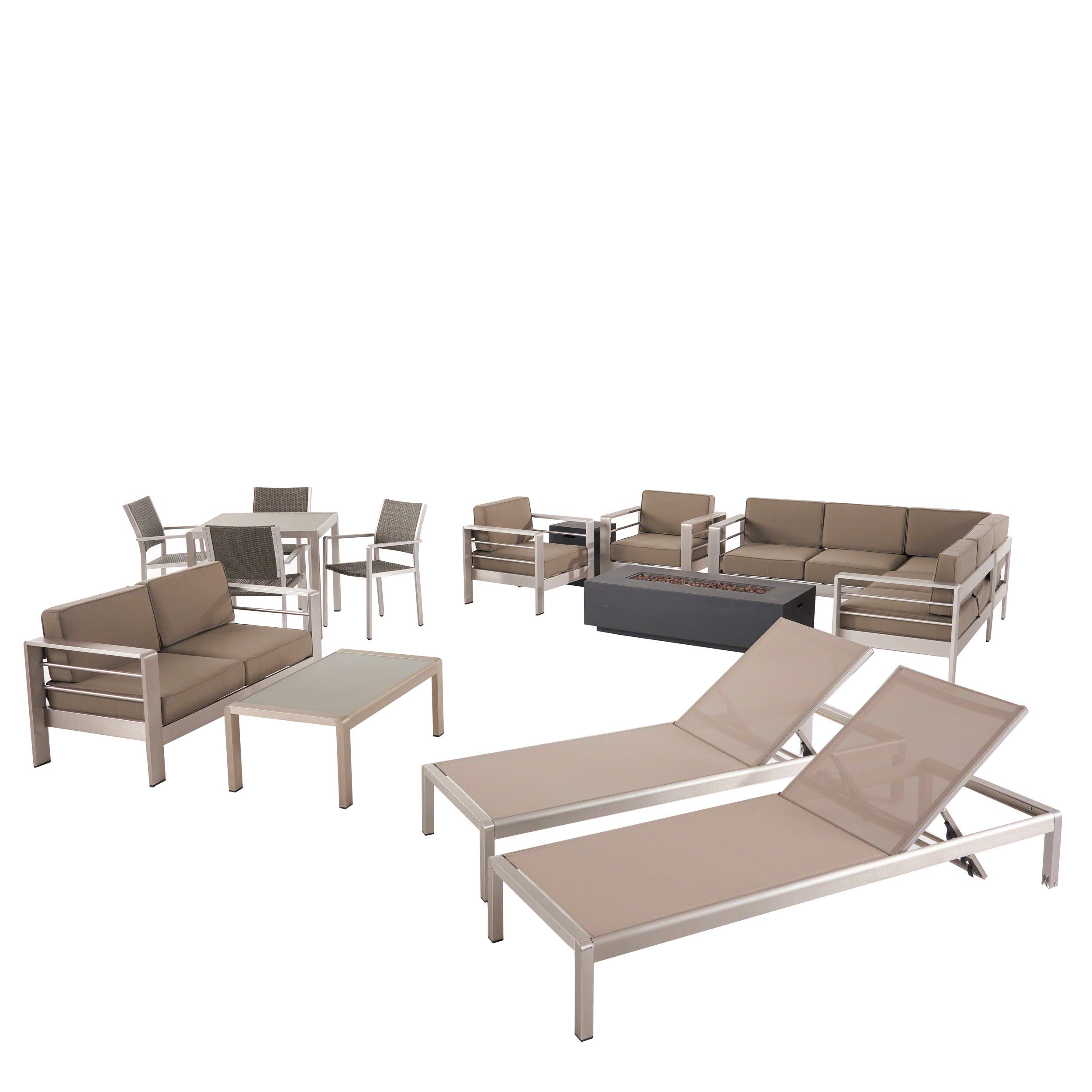 Cherie Outdoor Estate Collection with Fire Pit and Tempered Glass Top Dining Table