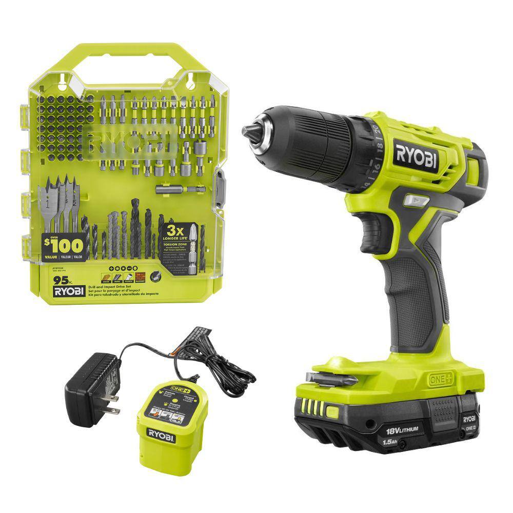 RYOBI ONE+ 18V Cordless 38 in. DrillDriver Kit with 1.5 Ah Battery Charger and Drill and Drive Kit (95-Piece) PDD209K-A989504