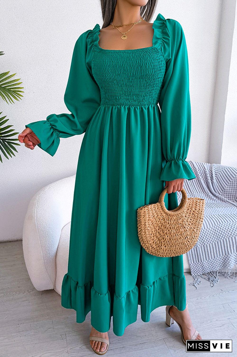 Plain Square Neck Smocked Top Maxi Dress