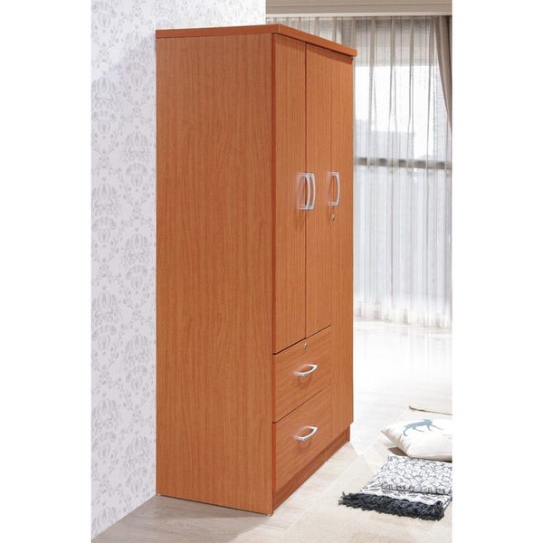 Hodedah Import 3 Door Armoire with Clothing Rod， Shelves， and 2 Drawers， Cherry - - 37191655