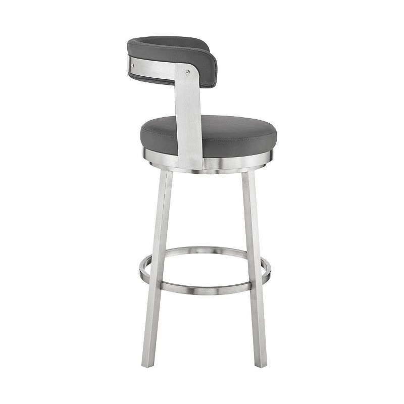 Emma 30 Inch Bar Height Swivel Stool， Steel Legs， Faux Leather， Light Gray