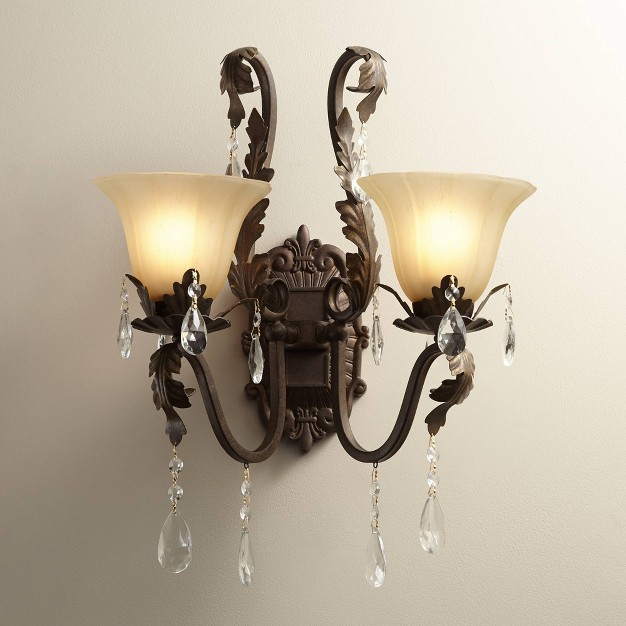 2 light Fixture Crystal Scroll Arms Amber Glass Shade For Bedroom Bathroom Home