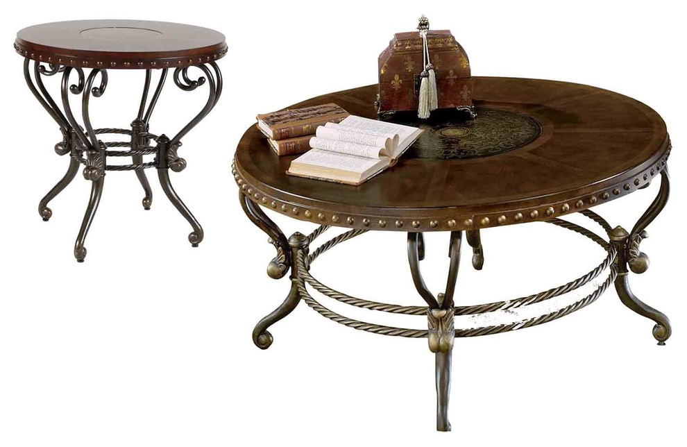 2 Piece Jafar Occasional Set Round Cocktail  1 Round End Table  Warm Brown   Mediterranean   Coffee Table Sets   by AMOC  Houzz