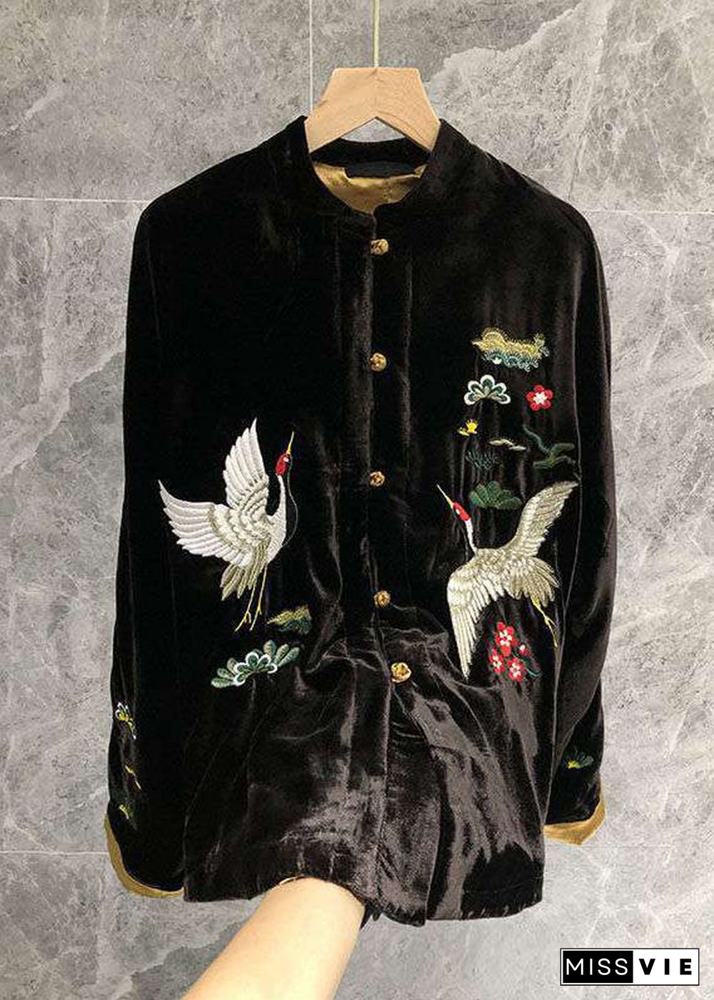 Vintage Black Mandarin Collar Embroideried Velour Coats Long Sleeve