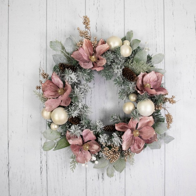 Northlight Pink Floral And Ball Ornament Frosted Pine Artificial Christmas Wreath 24 inch Unlit