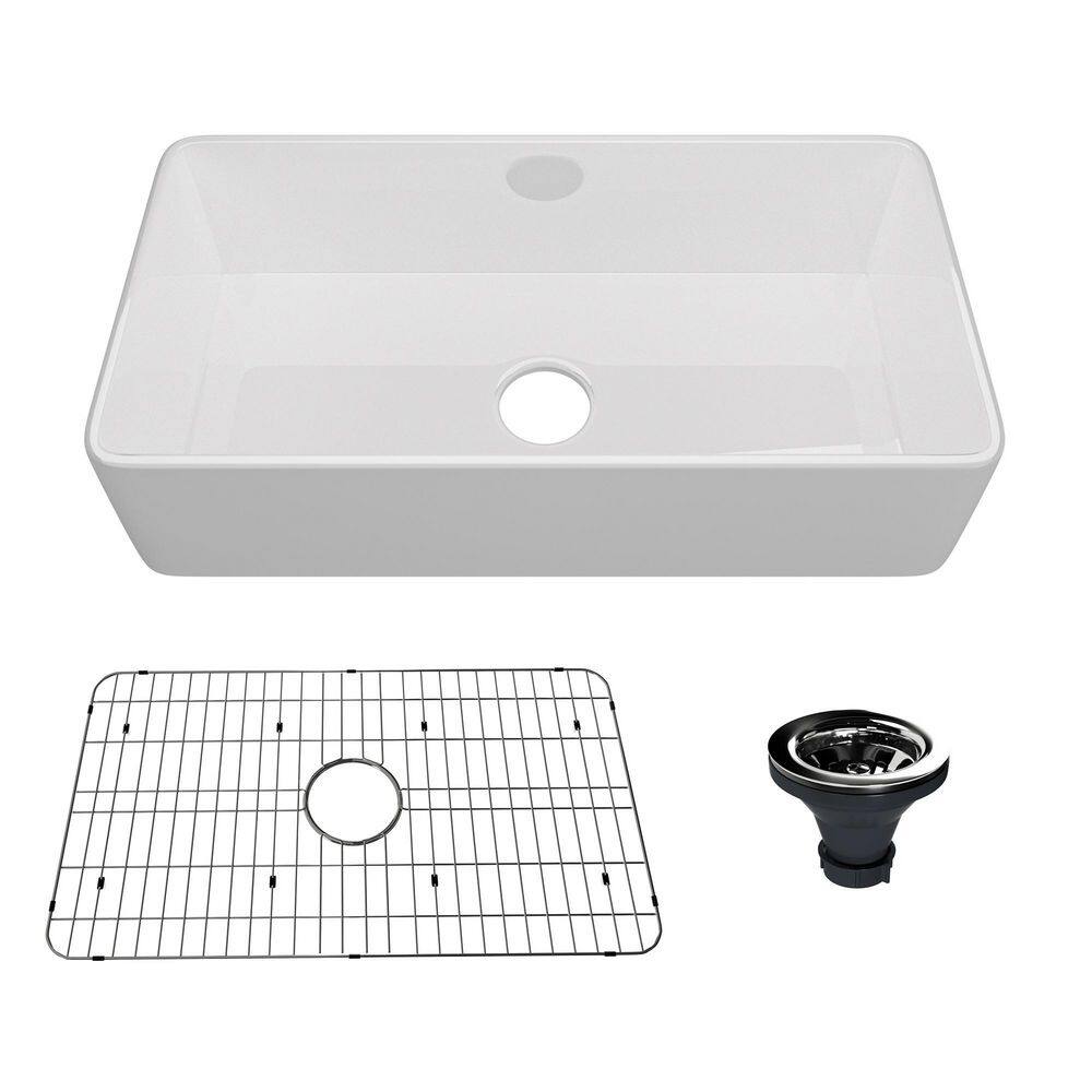 CASAINC Glossy White Fireclay 36 in. Single Bowl Farmhouse Apron Kitchen Sink with Bottom Grid and Strainers With CUPC Certified CA-SN3618-W