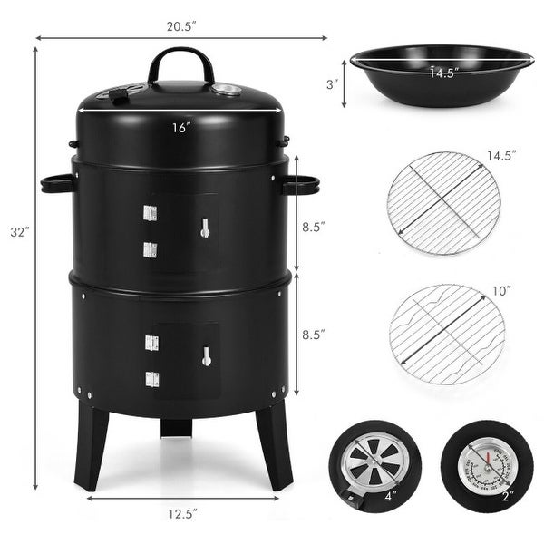 3-in-1 Charcoal BBQ Grill Cambo with Built-in Thermometer - 20.5