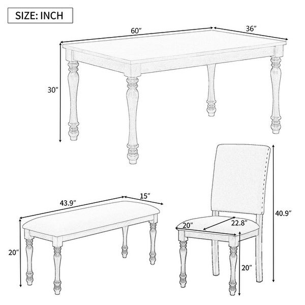 Designed 6-piece dining table set with wooden dining table， 4 upholstered chairs， nail head trim and kitchen dining bench