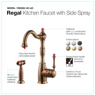 HOUZER Regal Traditional Single-Handle Standard Kitchen Faucet with Sidespray and CeraDox Technology in Antique Copper REGSS-181-AC