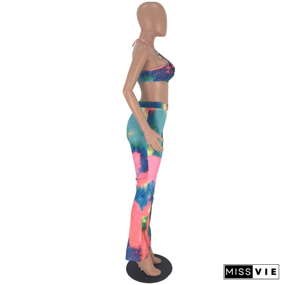 Tie Dye Sexy Halter Backless Crop Top Long Pants 2 Piece Set