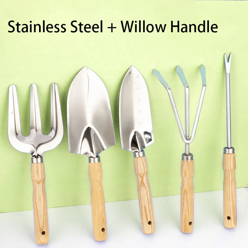 Stainless Steel Willow Handle Five piece Set Household Potted Shovel Rake Spade Garden Tool Set