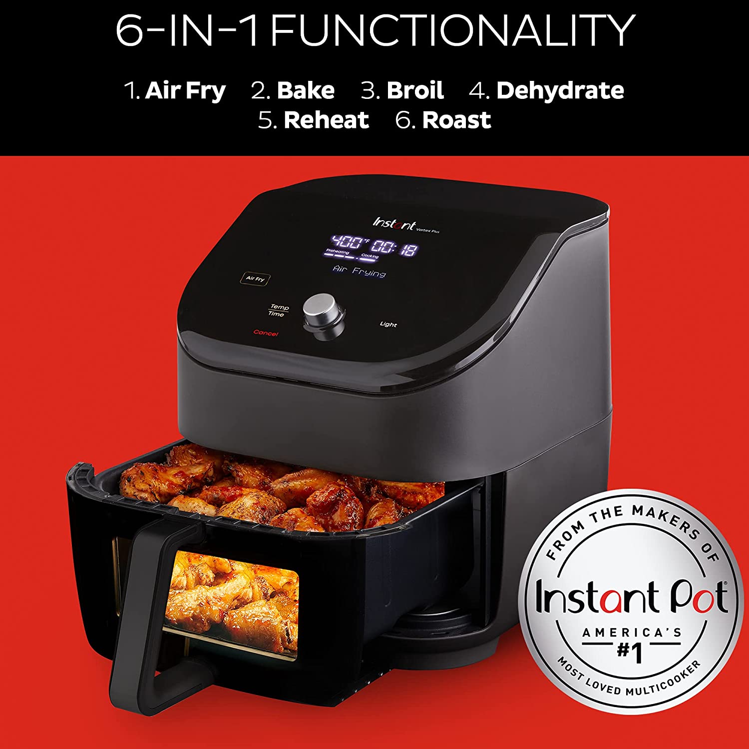 Instant Vortex Plus 6-Quart Air Fryer Oven， From the Makers of Instant Pot with ClearCook Cooking Window， Digital Touchscreen， App with over 100 Recipes， Single Basket， Black