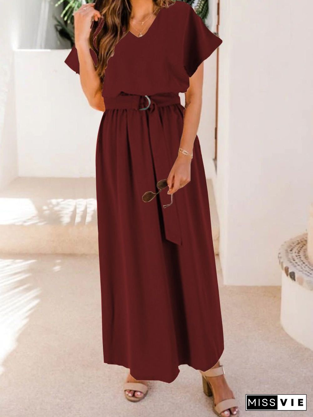 Women'S Dresses Loose Solid Belt Short Sleeve Dress