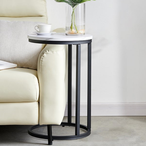 Modern C-shaped End/side Table Black Metal Frame with Round Marble Color Top-15.75