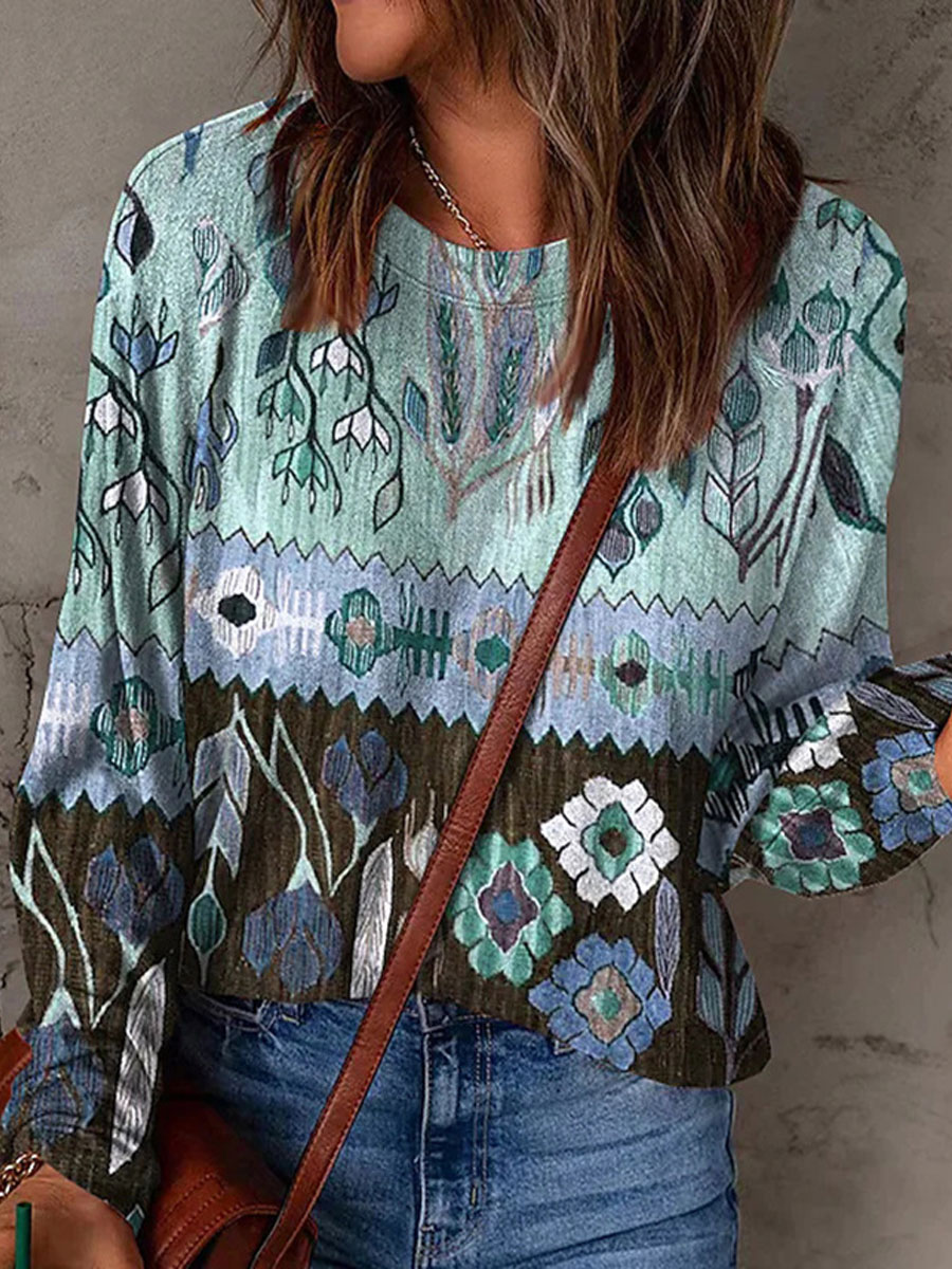 Round Neck Casual Loose Floral Print Long Sleeve T-Shirt