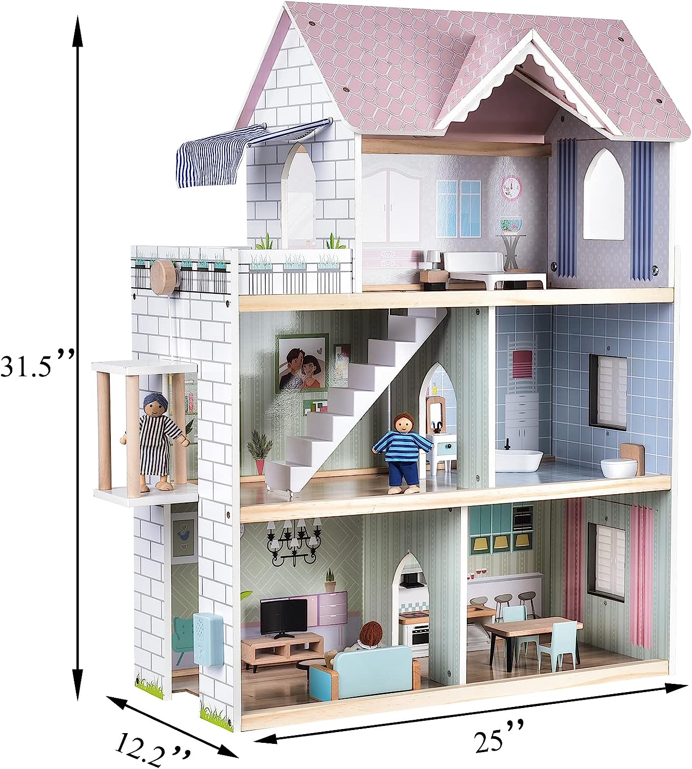 Giant bean Wooden Dollhouse 2.6 feet High with Elevator， Doorbell， Light，15 Pieces Furnitures and 3 Dolls， Toy Gift for Girls Ages 3-7+