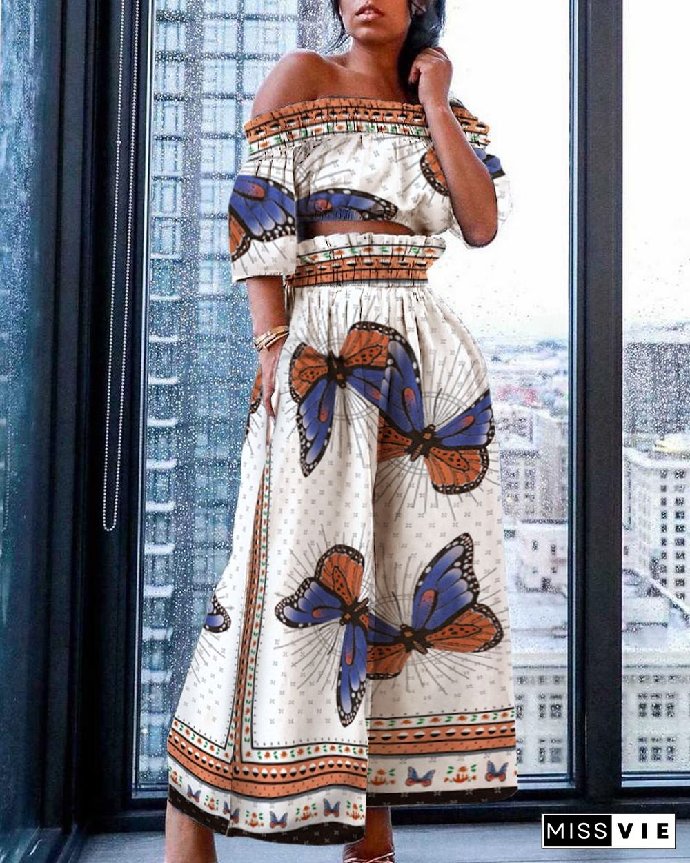 Butterfly Print Off Shoulder Crop & Wide Leg Pants Sets