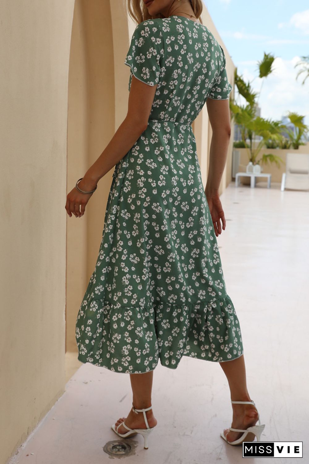 Sweet Elegant Floral Frenulum Flounce V Neck A Line Dresses