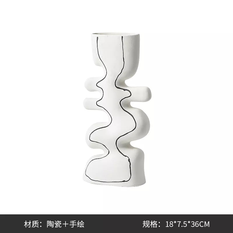 White Ceramic Vase With Black Hand Painted Detail - A Fa-D22097A